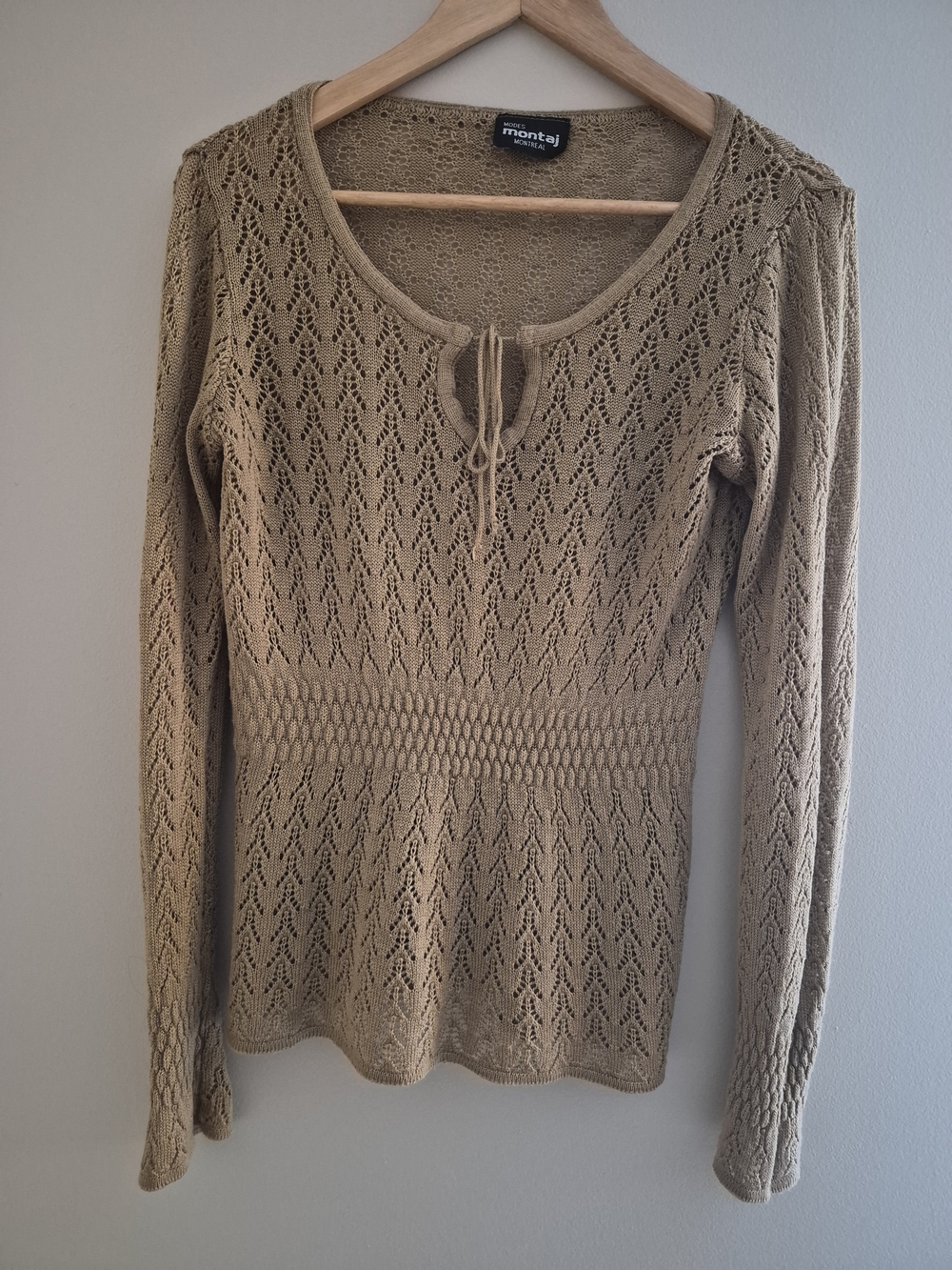 Women's Tan Crochet Scoop Neck Long Sleeve Top